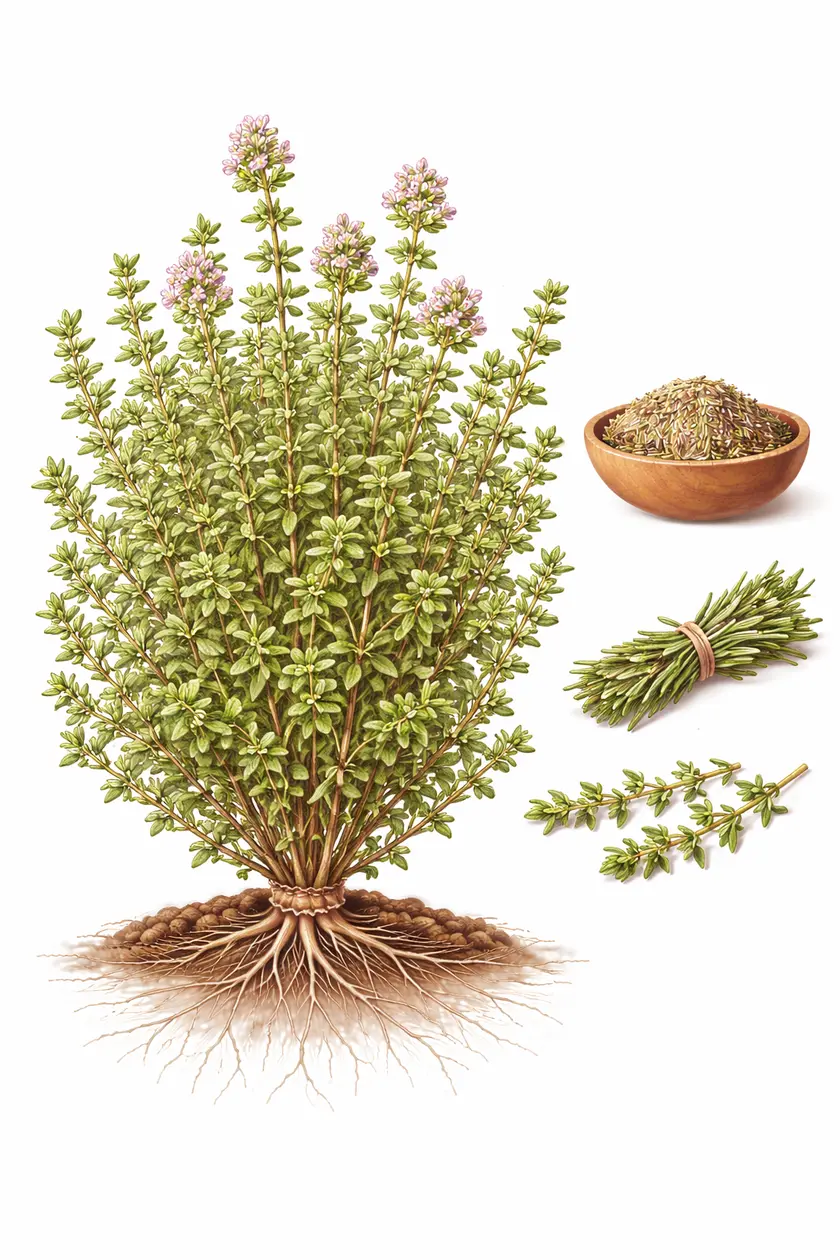 Botanical illustration of Thymus vulgaris (thyme) showing the full plant with roots, small leaves, pink flower clusters, dried herb in a bowl, bundled sprigs, and fresh cuttings