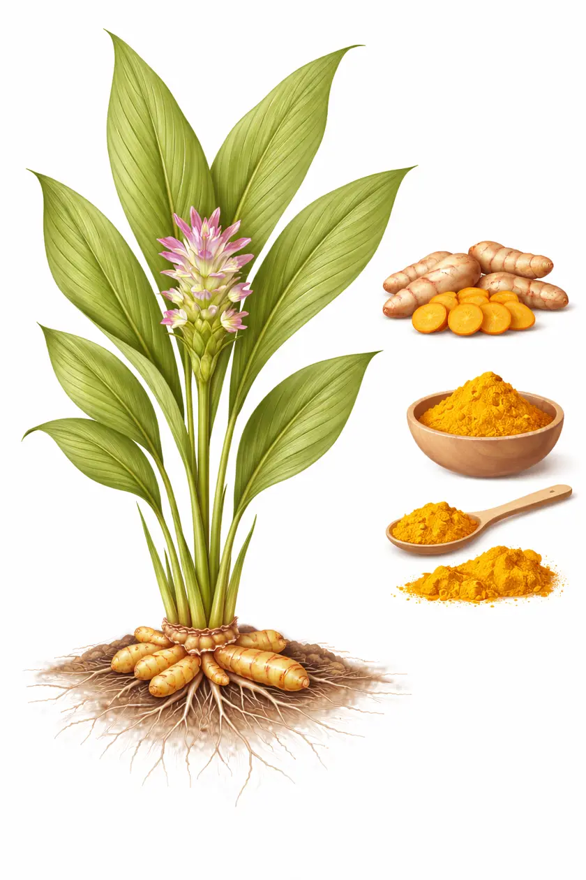 Botanical illustration of Curcuma longa (turmeric) showing the full plant with broad leaves, pink flower, rhizome with roots, sliced turmeric root, ground powder in a bowl, and powder on a spoon