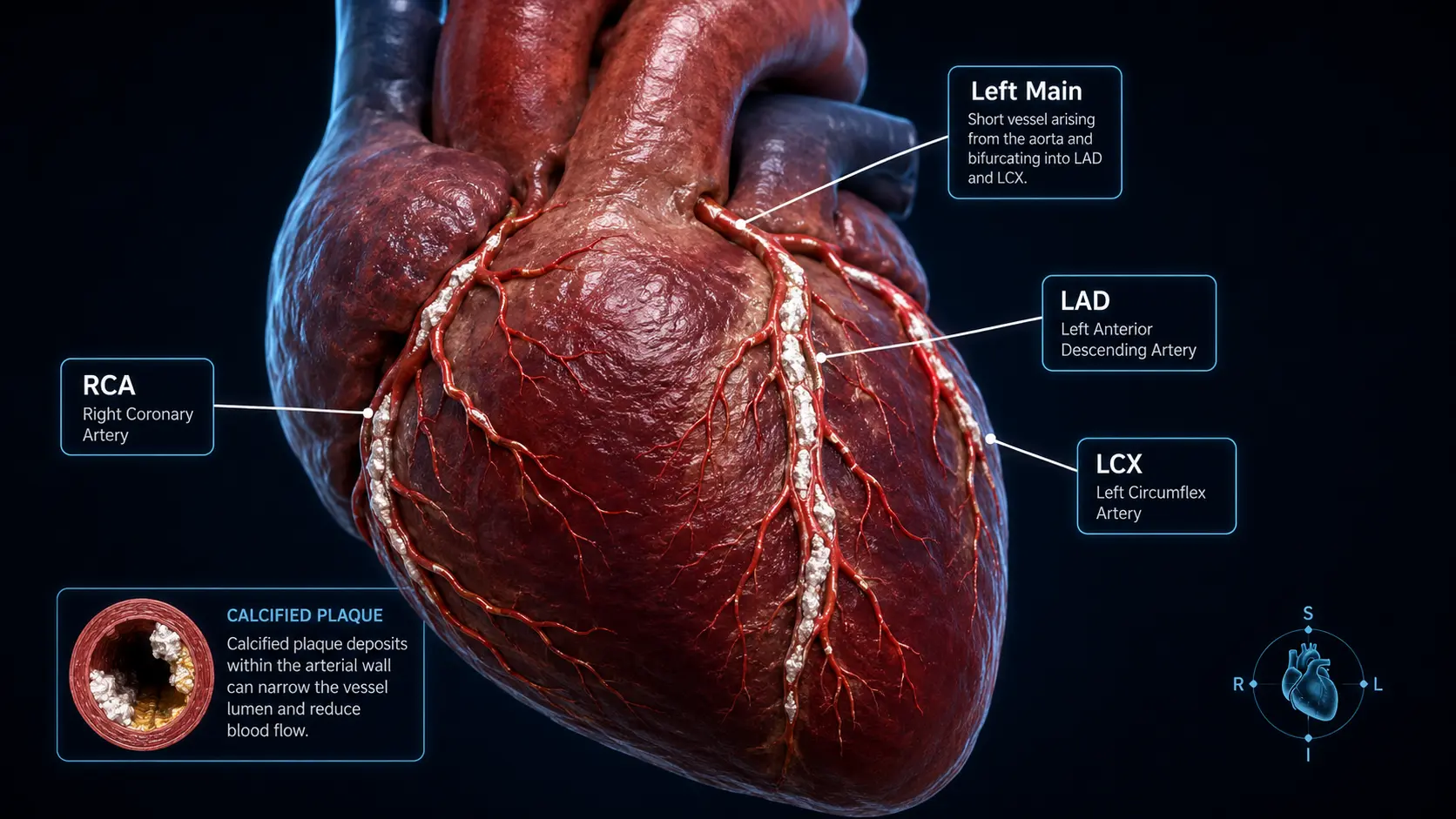 3D coronary arteries with calcified plaque (LAD, LCX, RCA, Left Main)