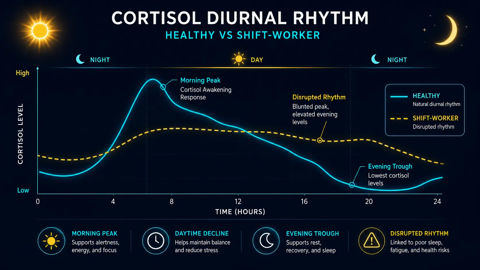 Cortisol 24-hour diurnal rhythm: morning peak, evening trough
