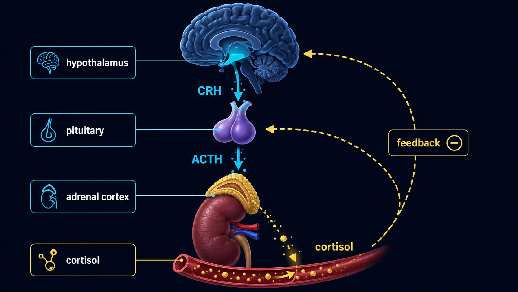 HPA axis stress response: hypothalamus, pituitary, adrenal cortex