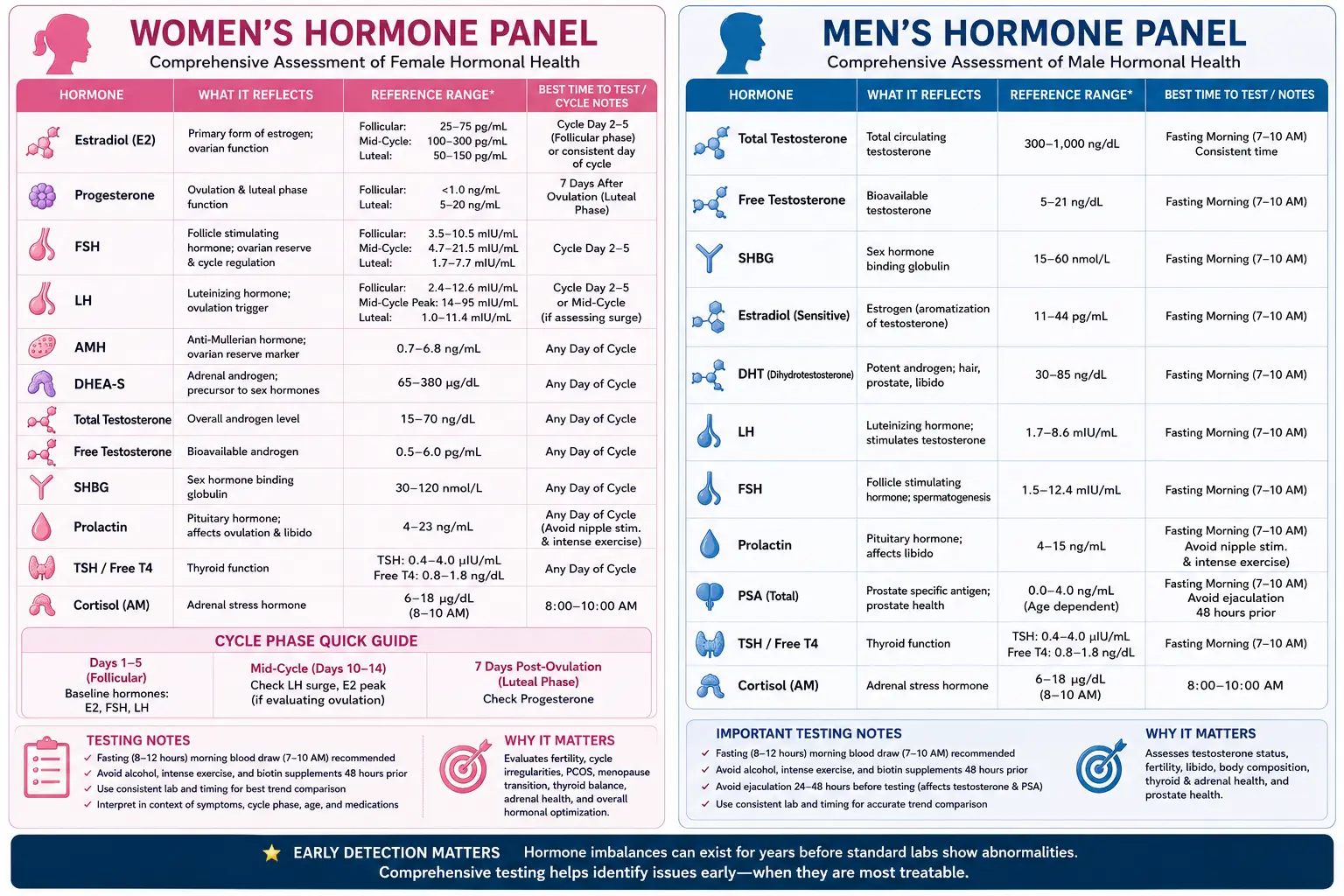 Women's and men's hormone panel reference ranges