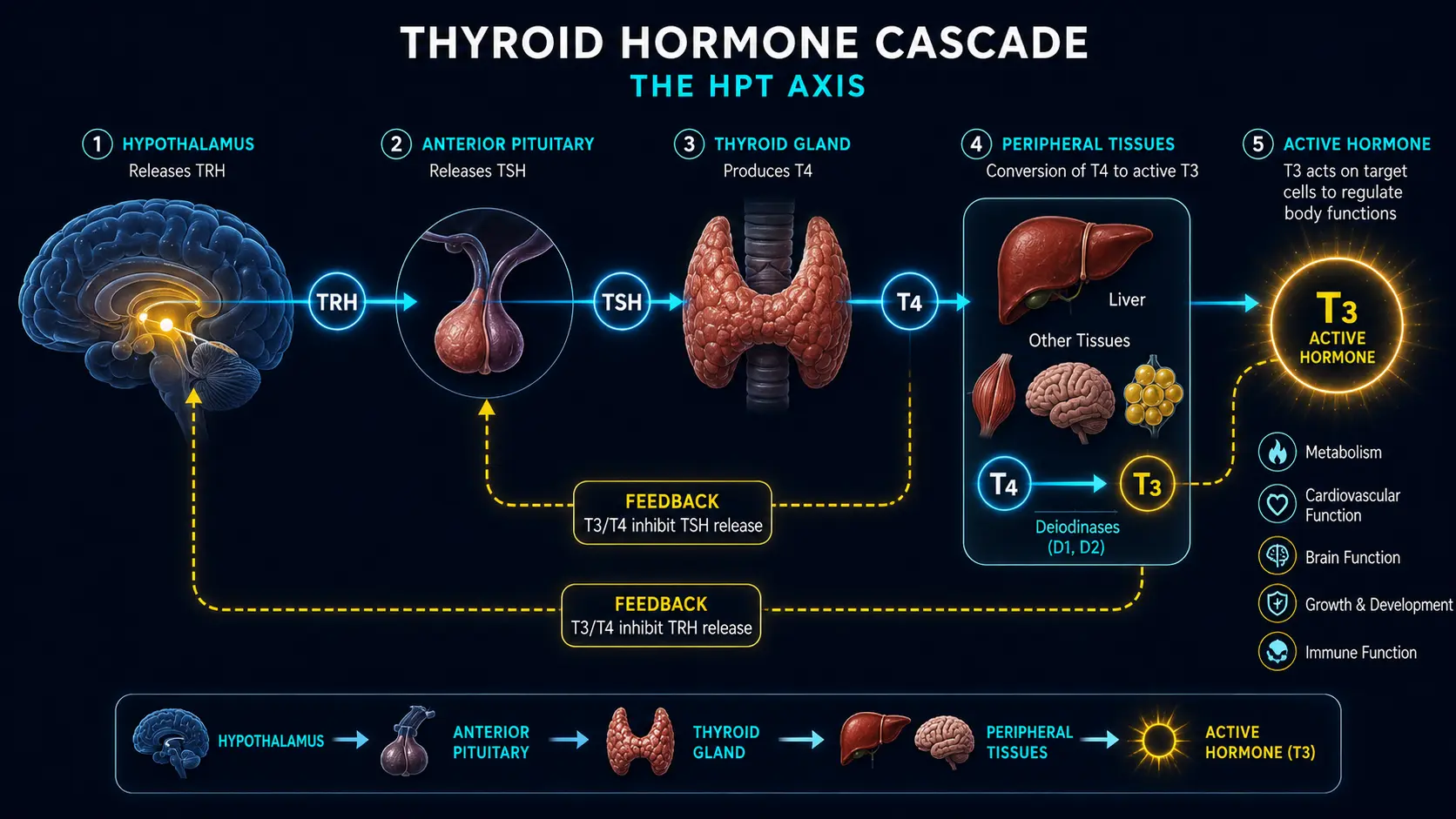 Thyroid hormone production cascade: TRH, TSH, T4, T3