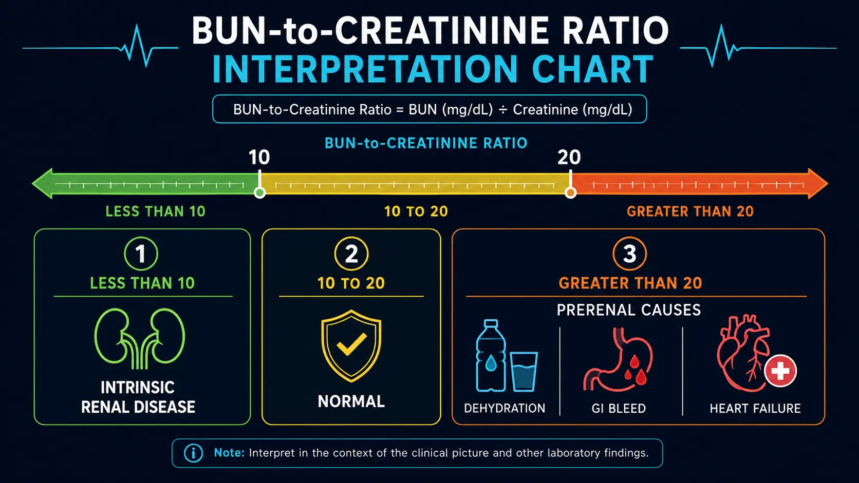 BUN-to-Creatinine ratio interpretation chart with clinical scenarios