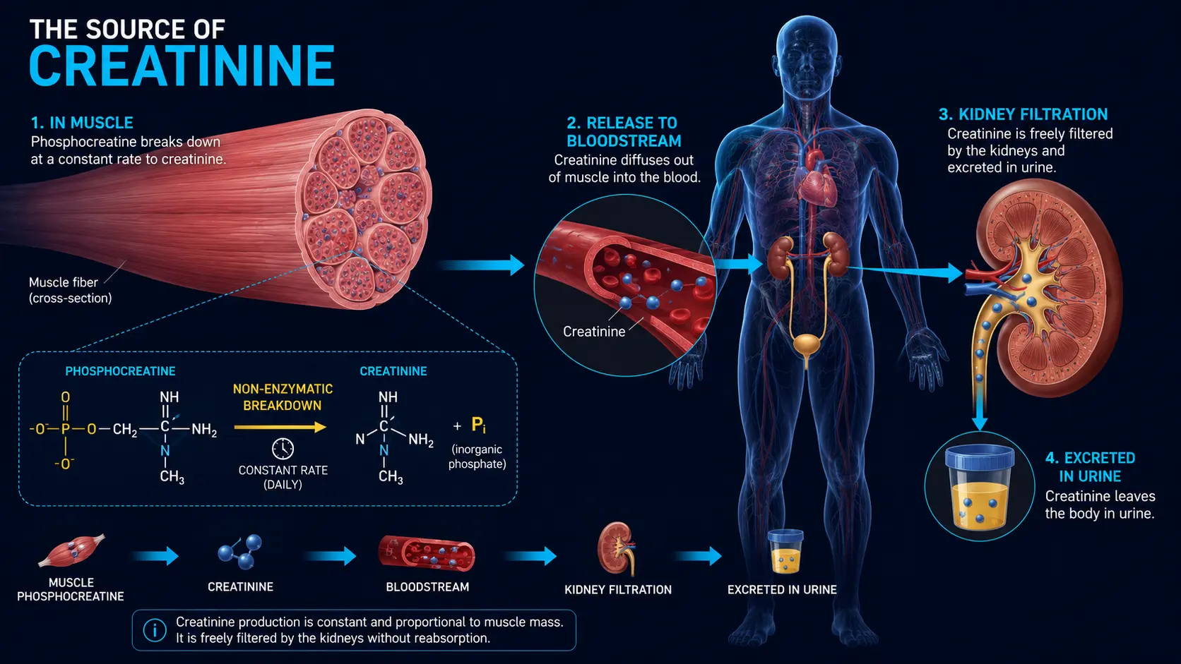 Creatinine source: muscle phosphocreatine breakdown to bloodstream to kidney
