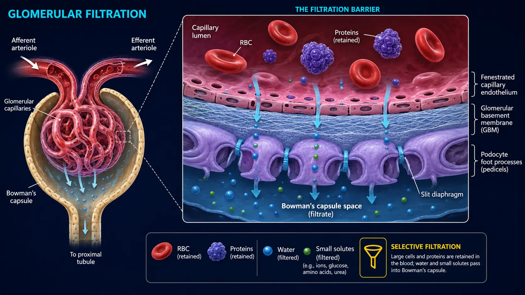 Glomerular filtration: blood through glomerular capillaries into Bowman's capsule