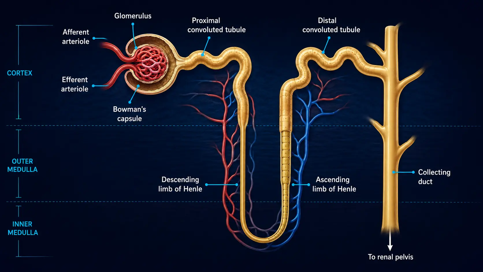 Detailed nephron anatomy: glomerulus, Bowman's capsule, loop of Henle, collecting duct
