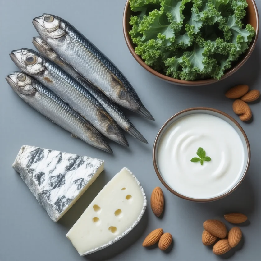 Calcium-rich foods: sardines, yogurt, cheese, kale, almonds