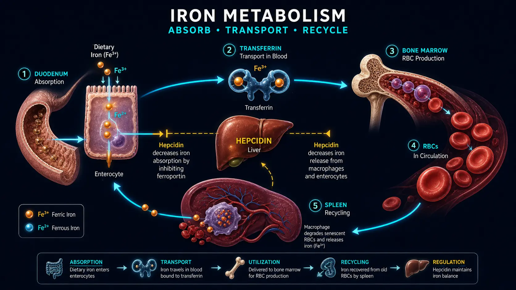 Iron metabolism: duodenum absorption, transferrin, RBC production, spleen recycling