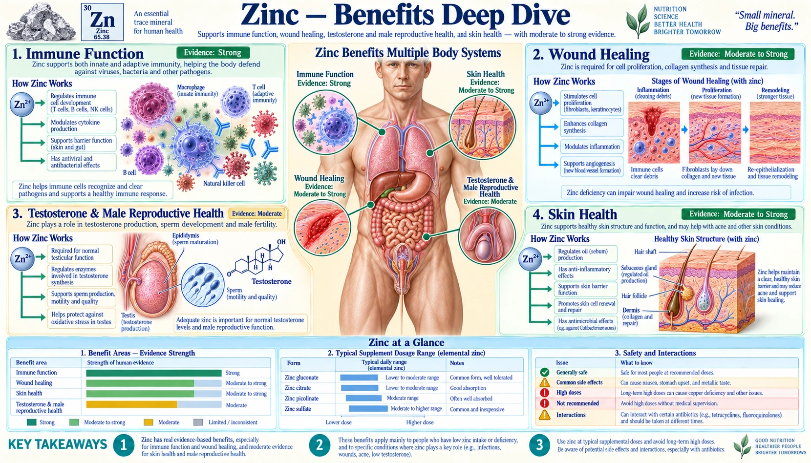 Zinc Benefits Deep Dive &mdash; scientific infographic poster