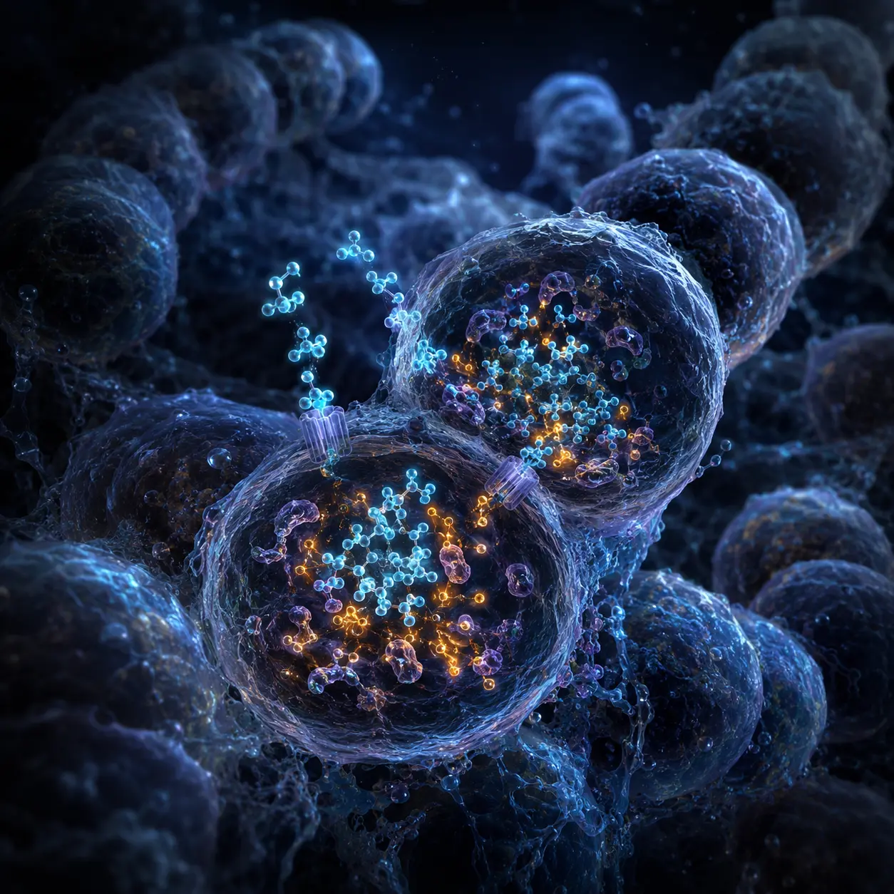 Microscopic illustration of Streptococcus mutans bacterial cells in dental plaque importing xylitol molecules via the fructose phosphotransferase system, with the bacterium glowing dim and ATP molecules being wasted in a futile metabolic cycle
