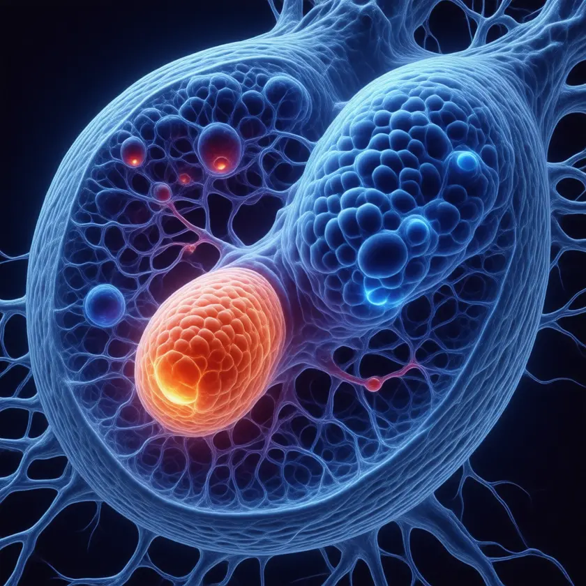 Microscopic view of mitochondria inside a renal tubule cell glowing electric blue, with methylene blue shuttling electrons to cytochrome c and one mitochondrion glowing orange-red from oxidative overload