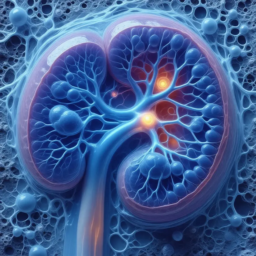 Anatomical cross-section of a human kidney with luminescent azure-blue methylene blue flowing through the renal vasculature and nephrons
