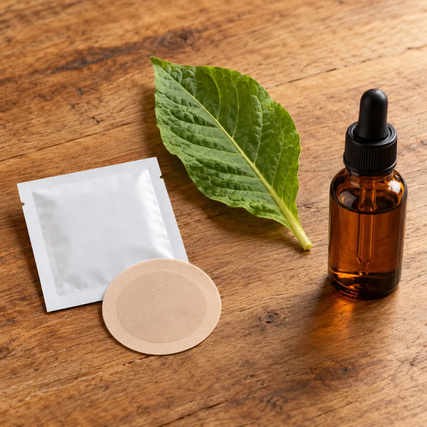 A transdermal patch sachet, a tobacco leaf and an unlabeled dropper bottle