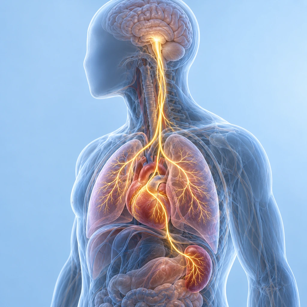 Anatomical illustration of the vagus nerve branching to the heart, lungs and spleen