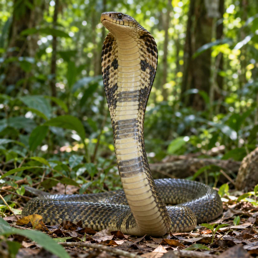 King cobra rearing with its hood spread in a forest clearing