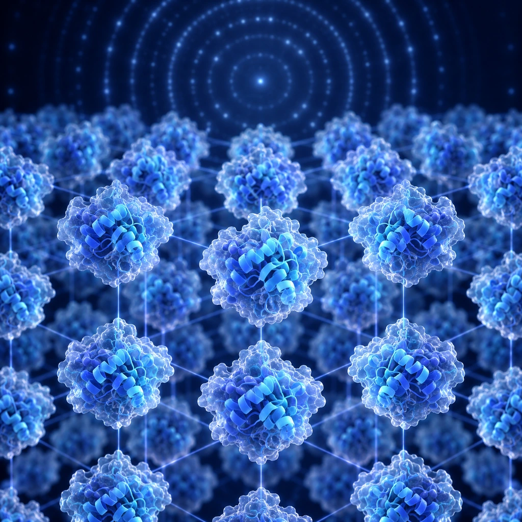 Ordered lattice of glowing protein molecules with a diffraction pattern behind