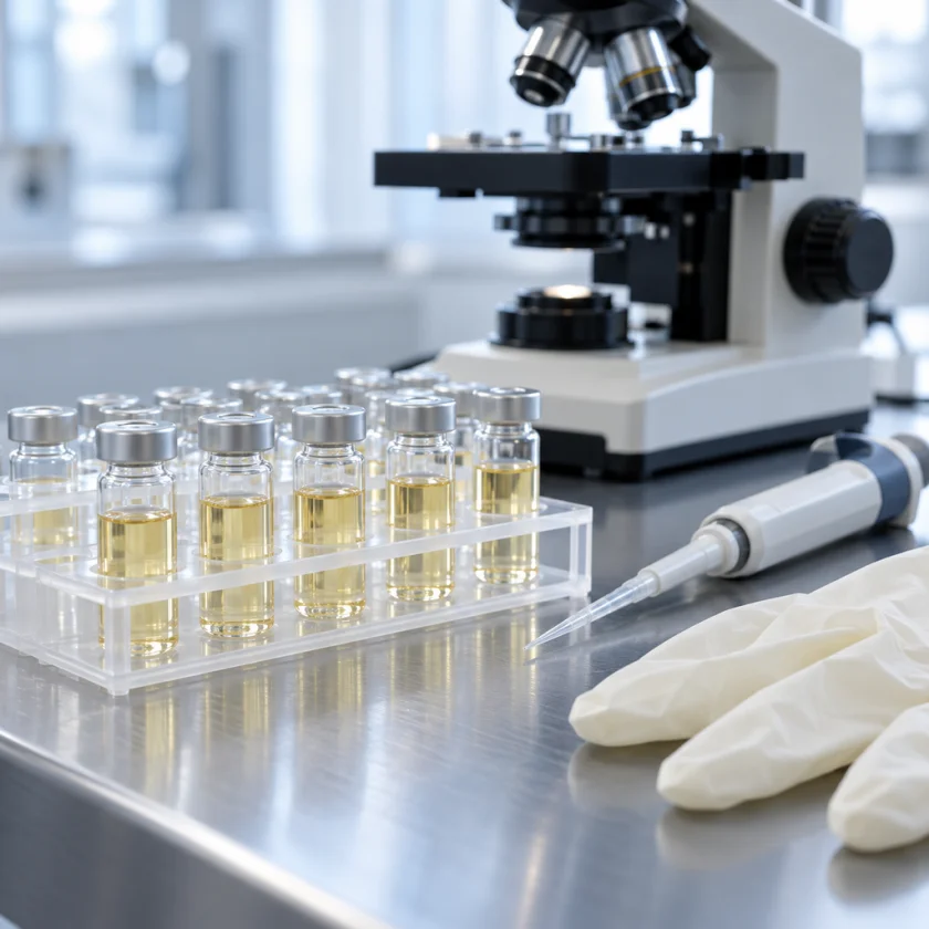 Vials of pale venom in a rack beside a microscope on a lab bench