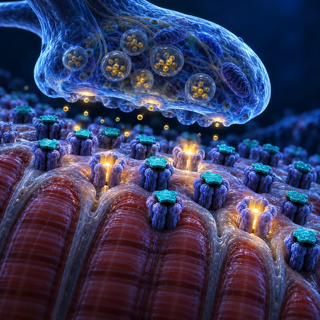 Neuromuscular junction with toxin molecules capping receptors