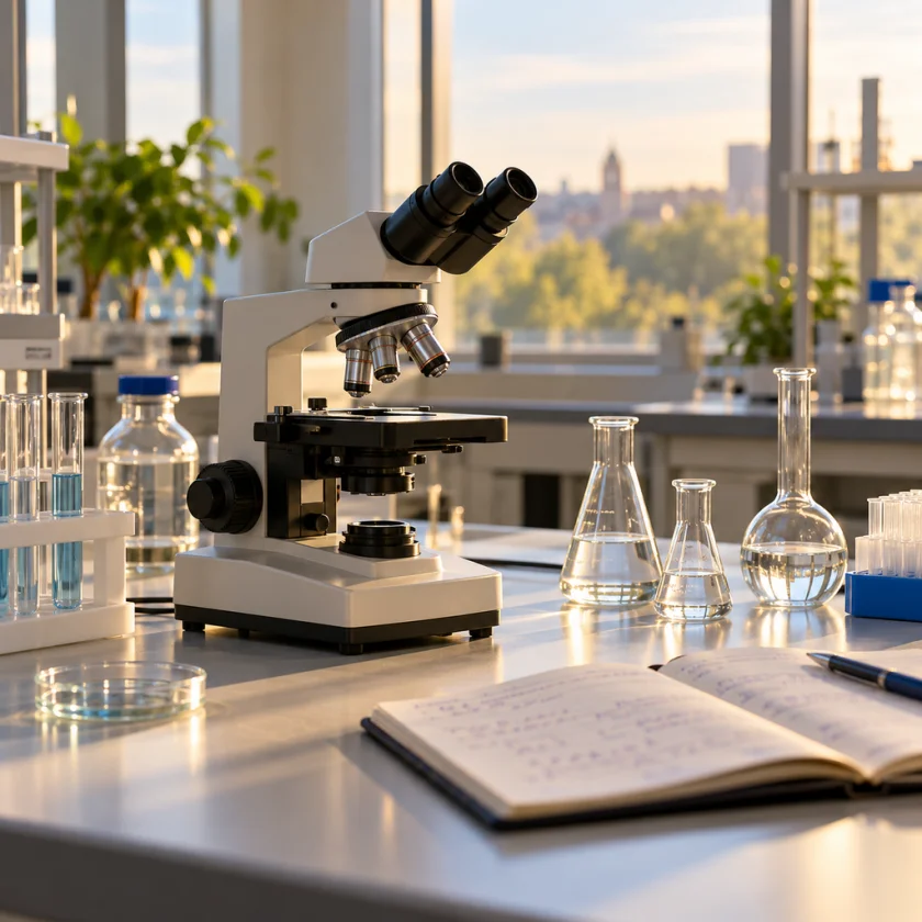 Laboratory bench with a microscope and flasks in afternoon light