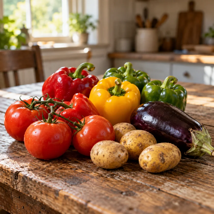 Tomatoes, bell peppers, potatoes and an eggplant on a wooden table
