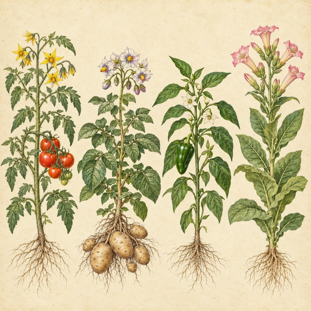Botanical plate of tomato, potato, pepper and tobacco plants in flower