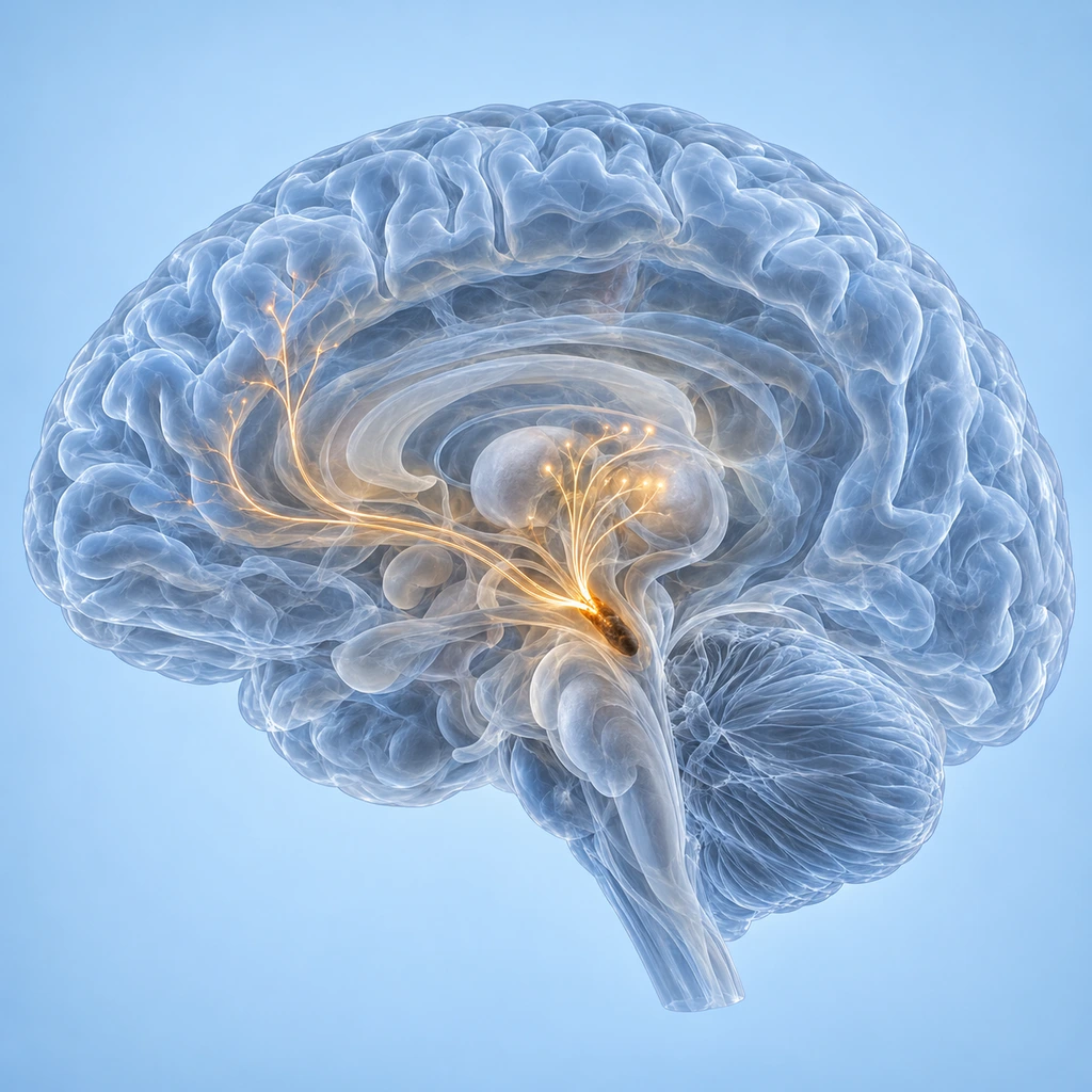 Translucent brain with the substantia nigra glowing in the midbrain