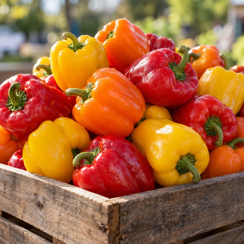 Fresh bell peppers in a wooden crate at a market