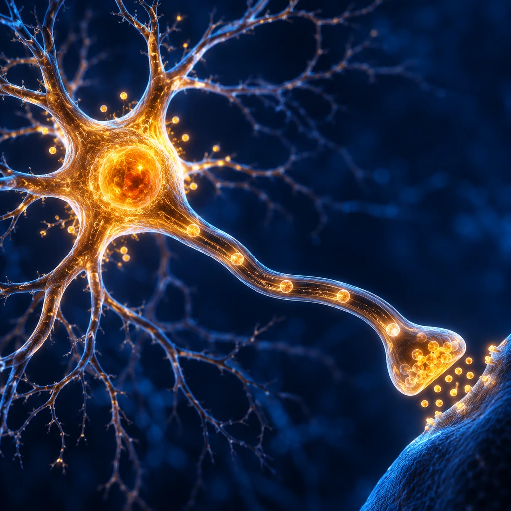 Glowing dopamine neuron with vesicles travelling along its fibres