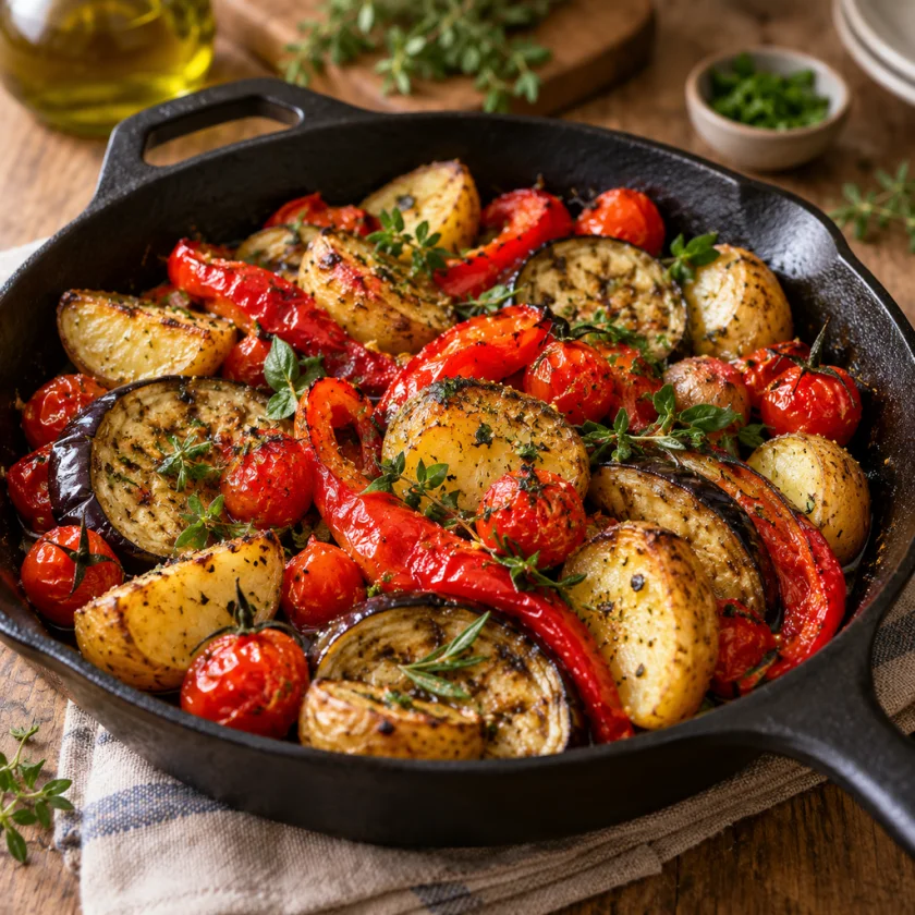 Roasted peppers, tomatoes, eggplant and potatoes in a cast-iron pan