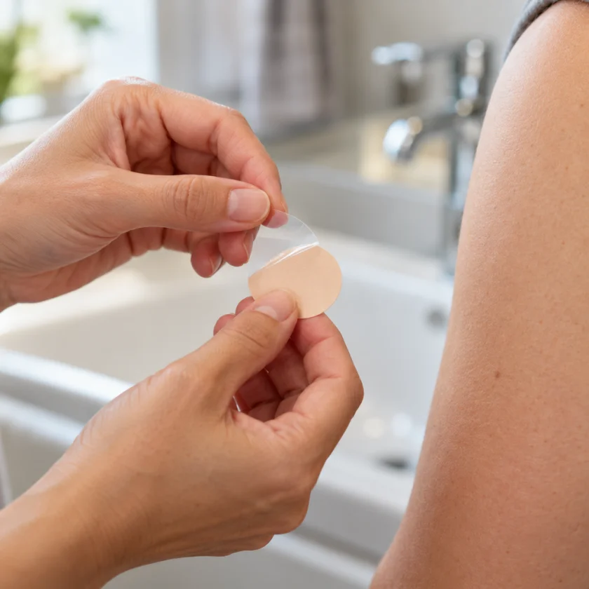 Hands peeling the liner off a plain transdermal patch in morning light