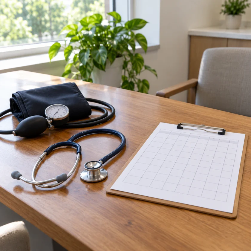 Clinic desk with a blood-pressure cuff and a blank scoring grid on a clipboard