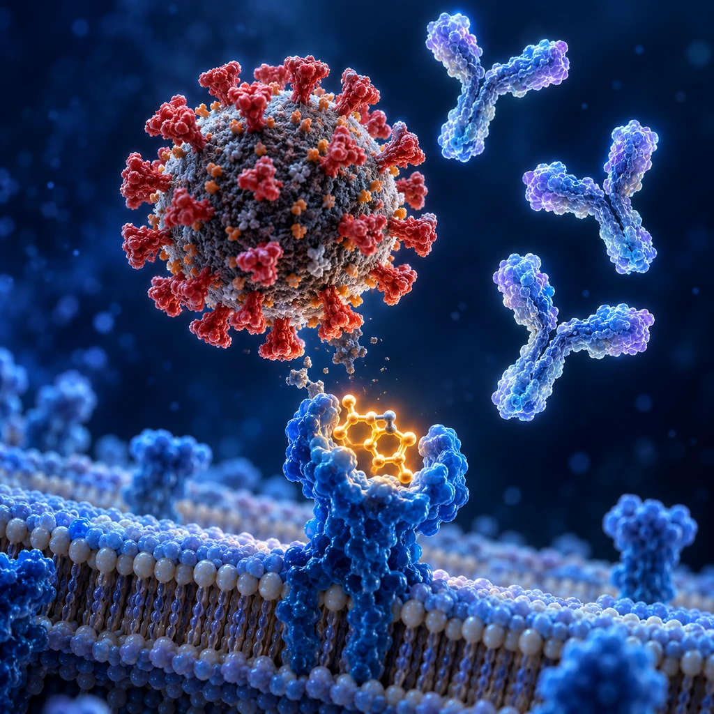Virus particle detaching from a receptor as nicotine takes its place, antibodies nearby