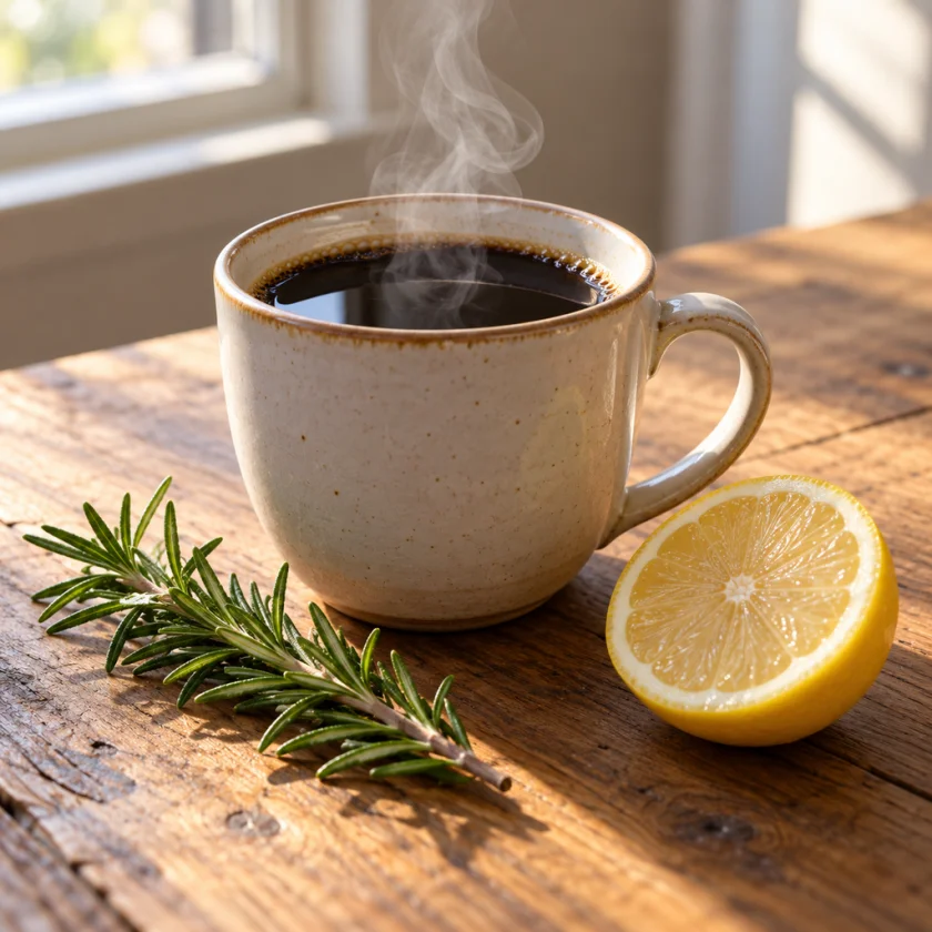 Steaming cup of coffee beside rosemary and a lemon
