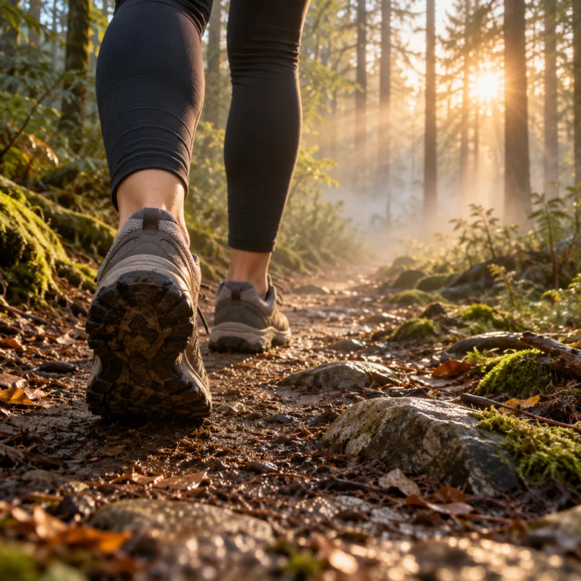 Walking shoes on a misty forest trail at sunrise