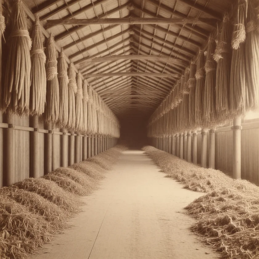 Tobacco leaves curing in a wooden barn