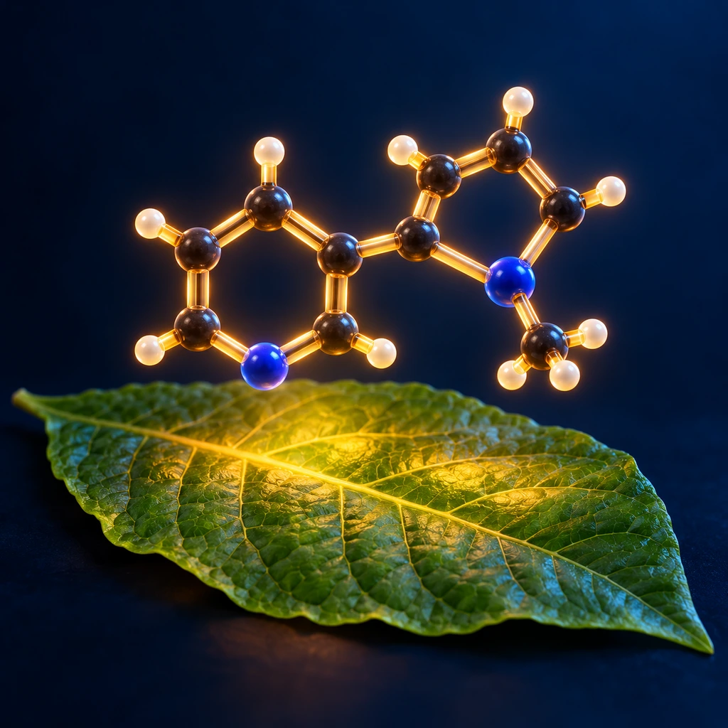 Glowing nicotine molecule floating above a tobacco leaf