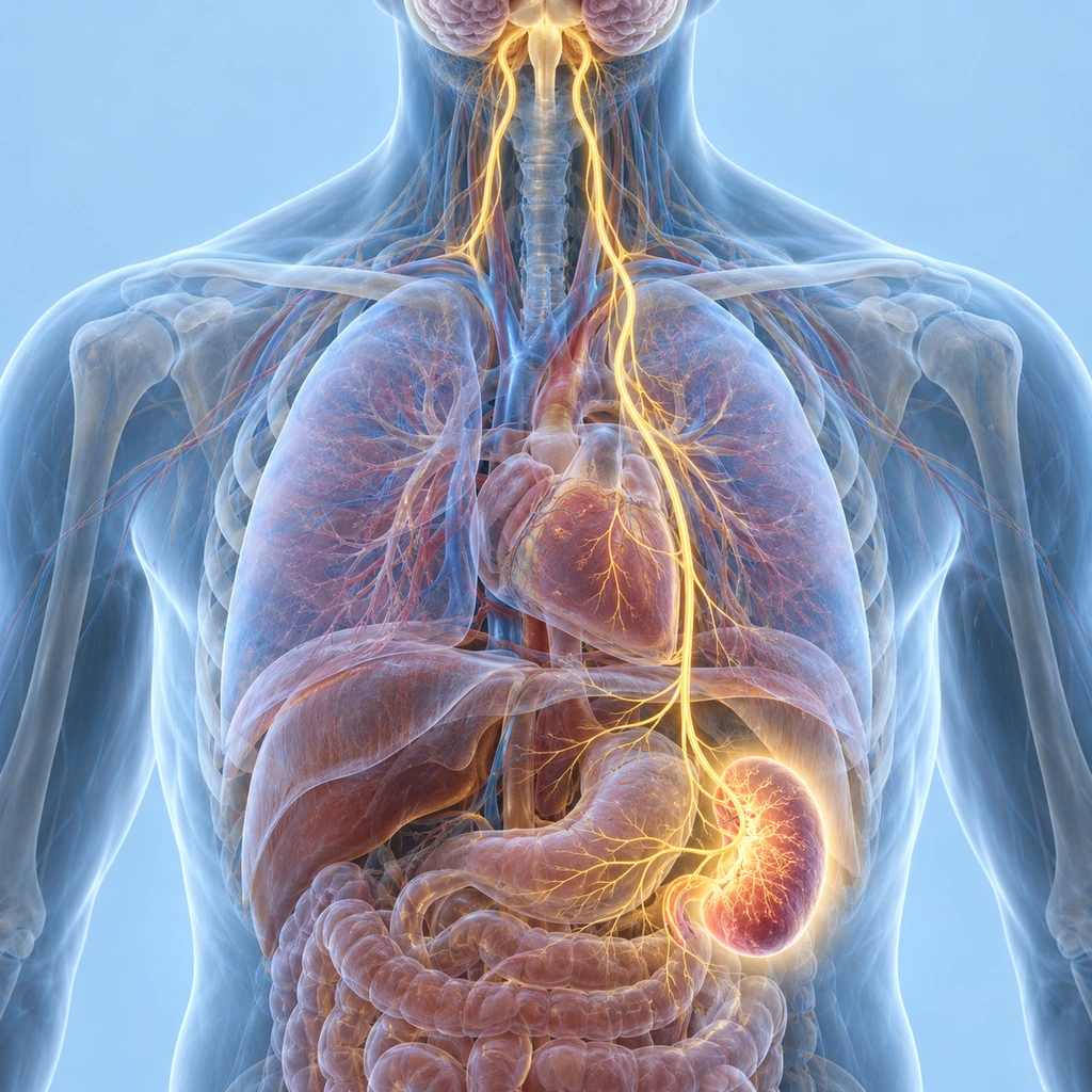 Vagus nerve glowing from the brainstem to the spleen in a translucent torso