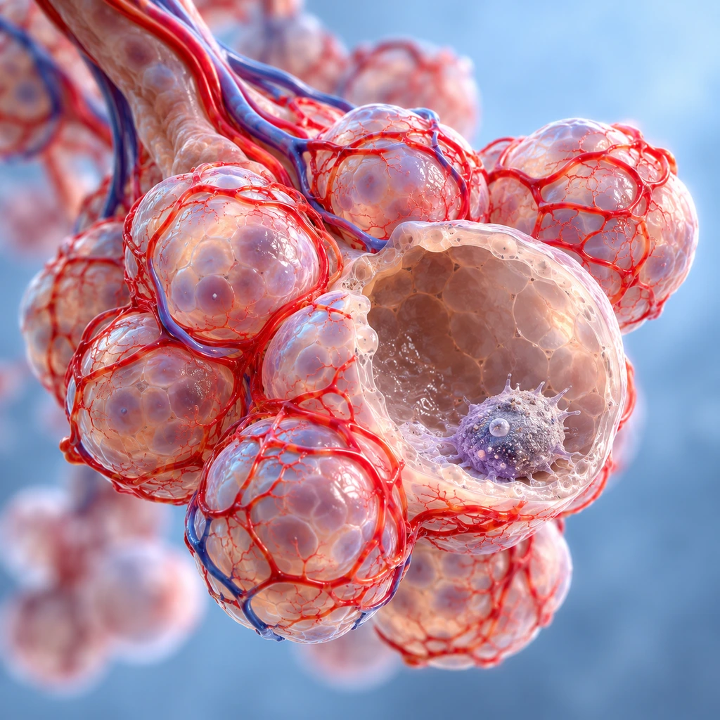 Lung alveoli wrapped in capillaries with a macrophage inside one alveolus