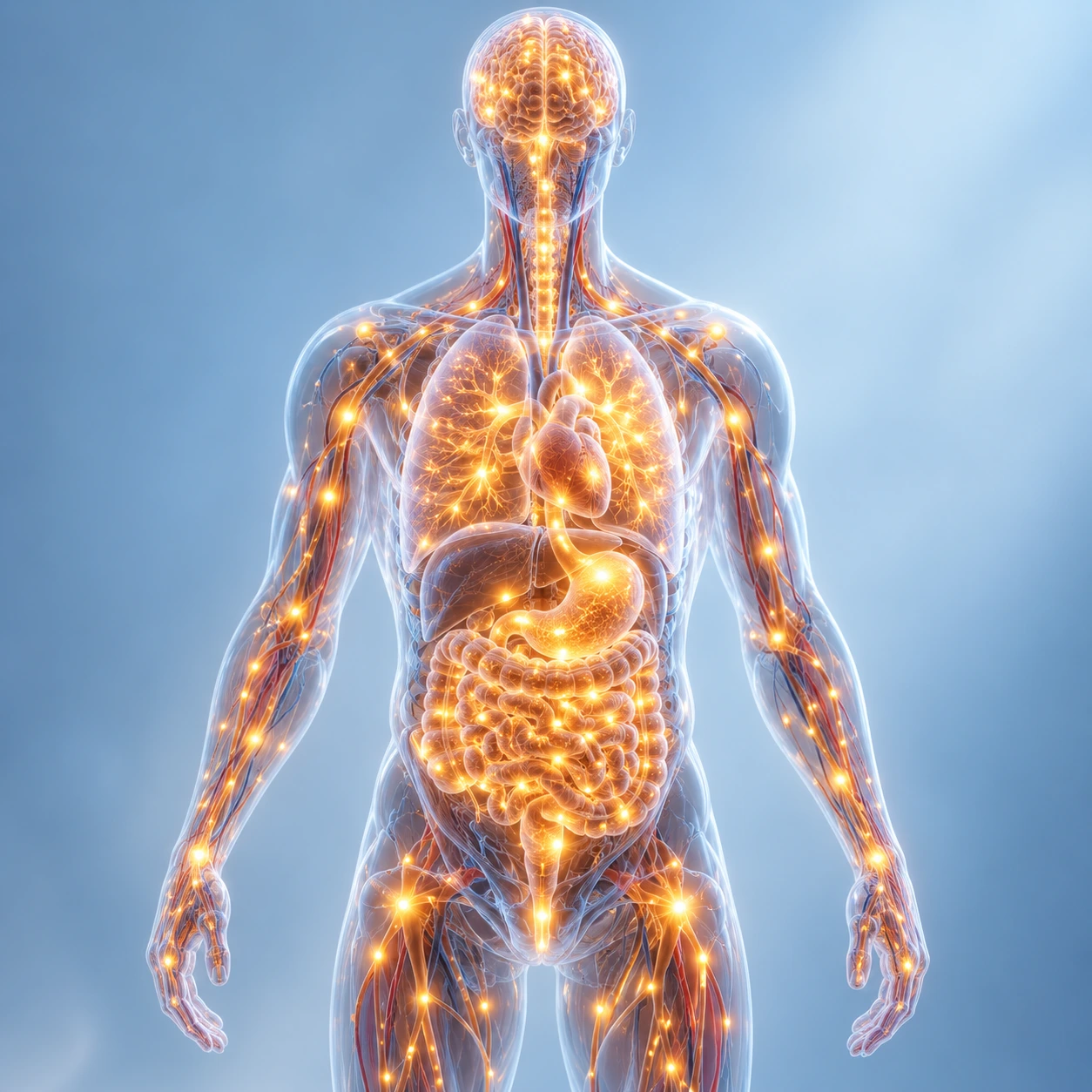 Translucent human figure with glowing points across lungs, gut, brain and vessels