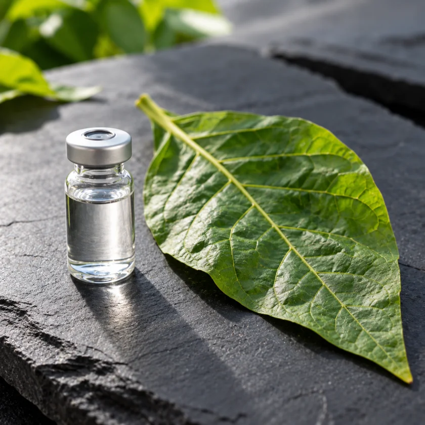A clear vial beside an unlit tobacco leaf