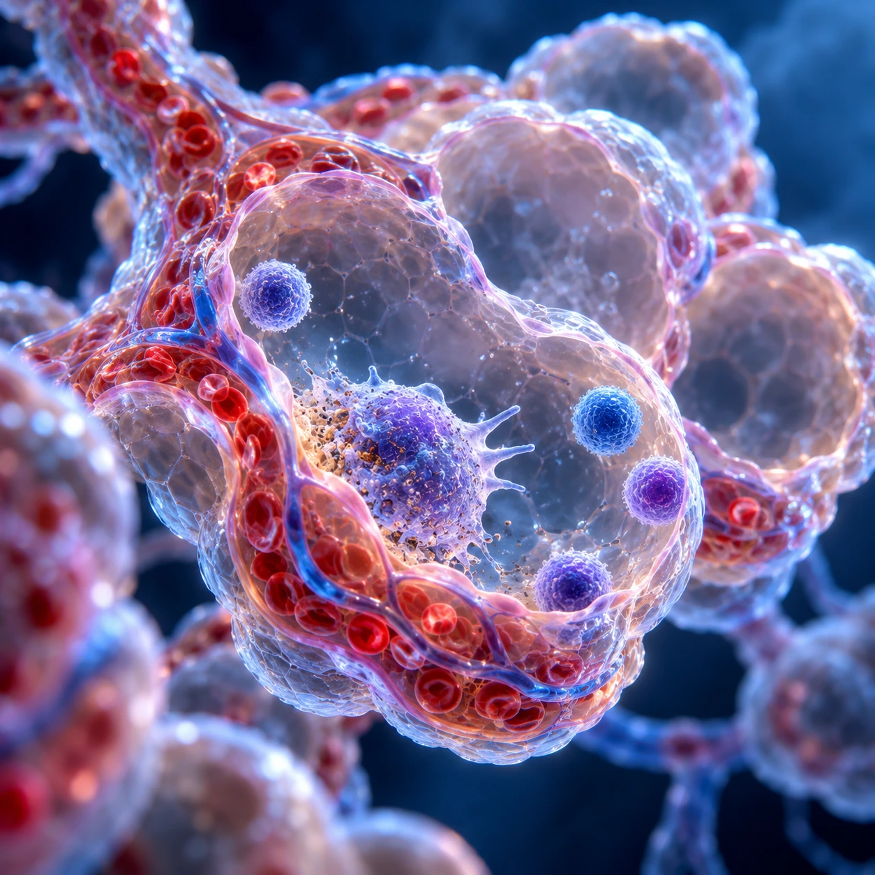 Alveoli with glowing immune cells on the wall