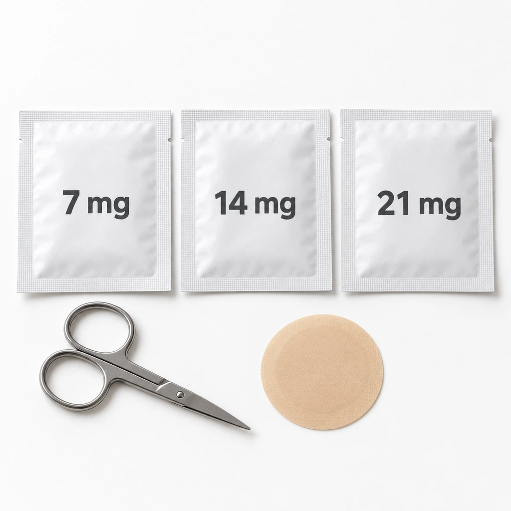 Three unbranded patch sachets reading 7 mg, 14 mg and 21 mg