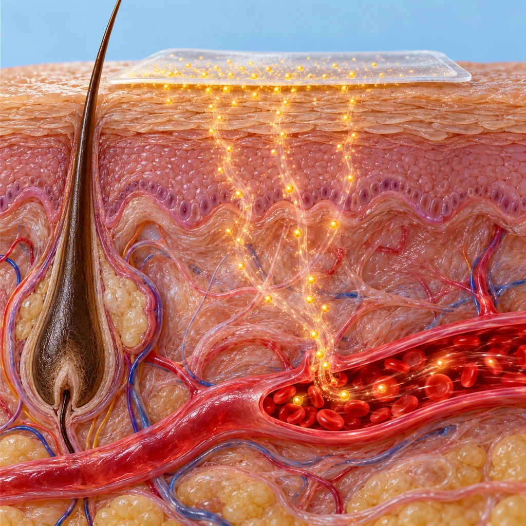 Nicotine particles drifting from a patch through the skin layers into a capillary