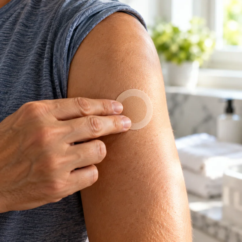 Hand pressing a patch onto an upper arm in morning light