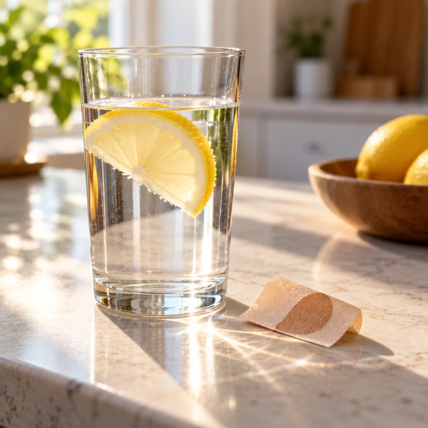 Glass of water with lemon beside a folded patch