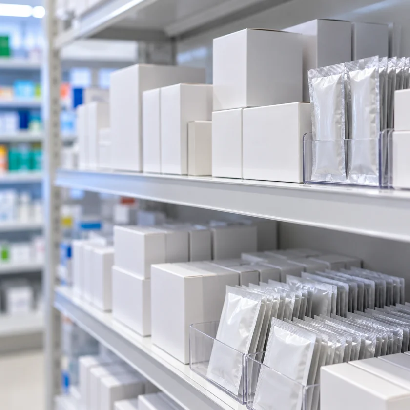 Plain unbranded boxes on a pharmacy shelf