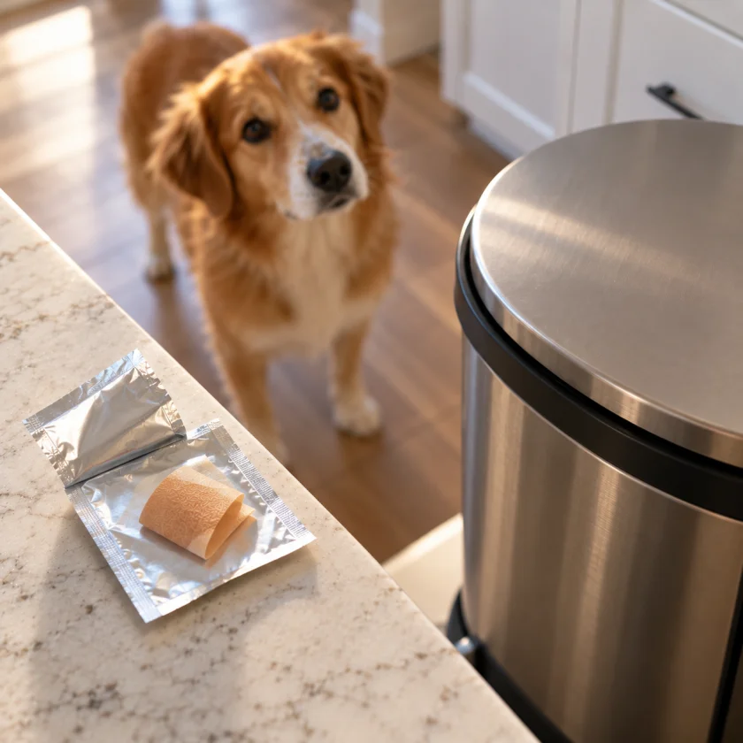 Folded used patch in its pouch beside a closed bin with a dog in the background