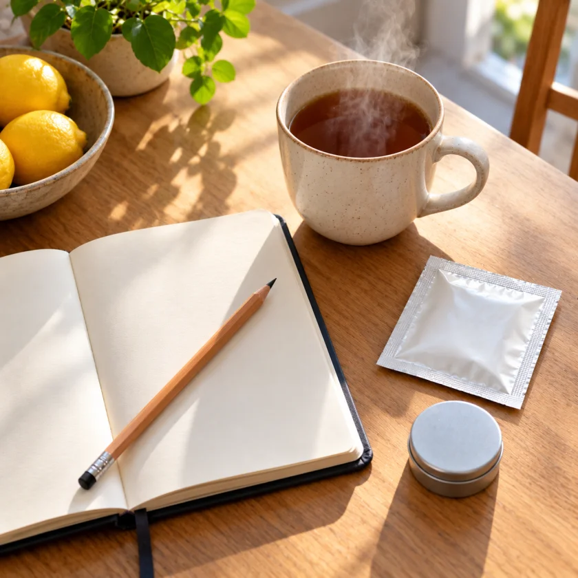 Mug, blank notebook, a patch sachet and a tin on a kitchen table