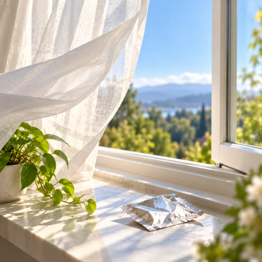 Open window in morning light with an empty sachet on the sill